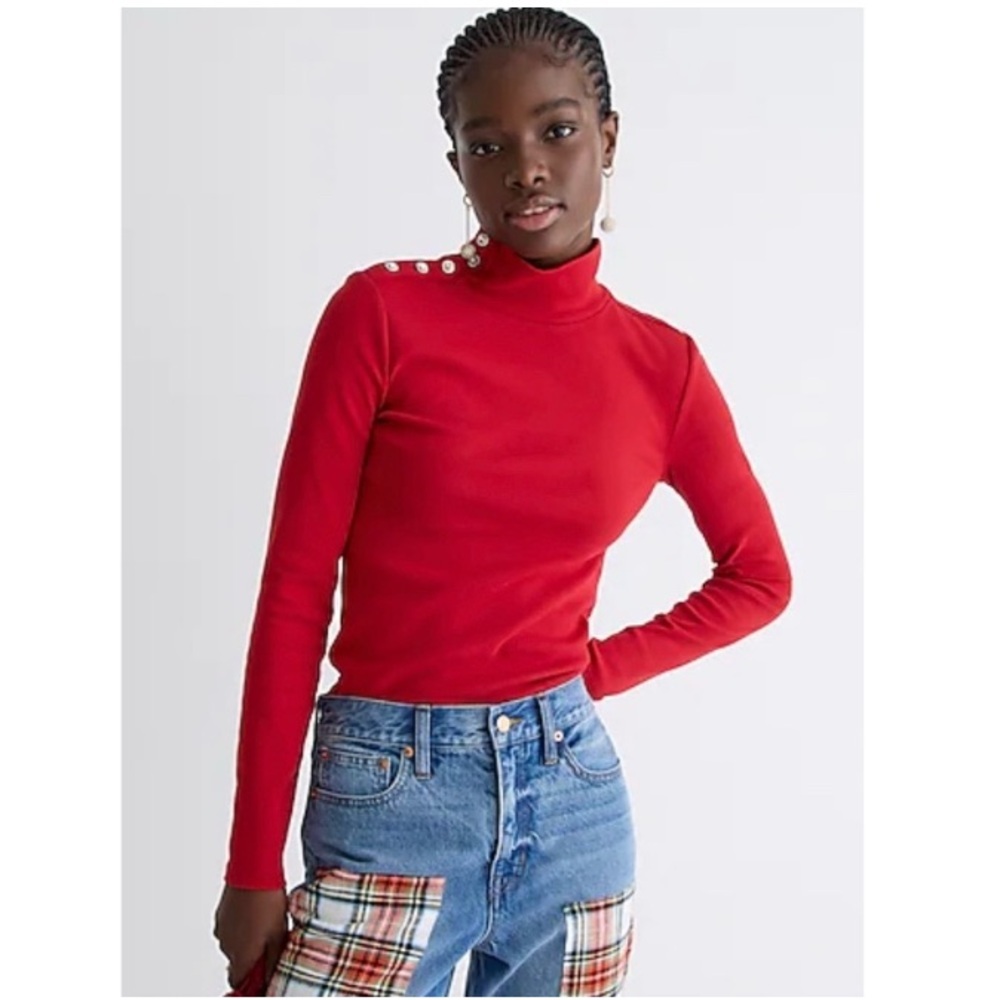 J. Crew Rhinetone Jeweled Collar Turtleneck Long Sleeve Shirt Red Medium